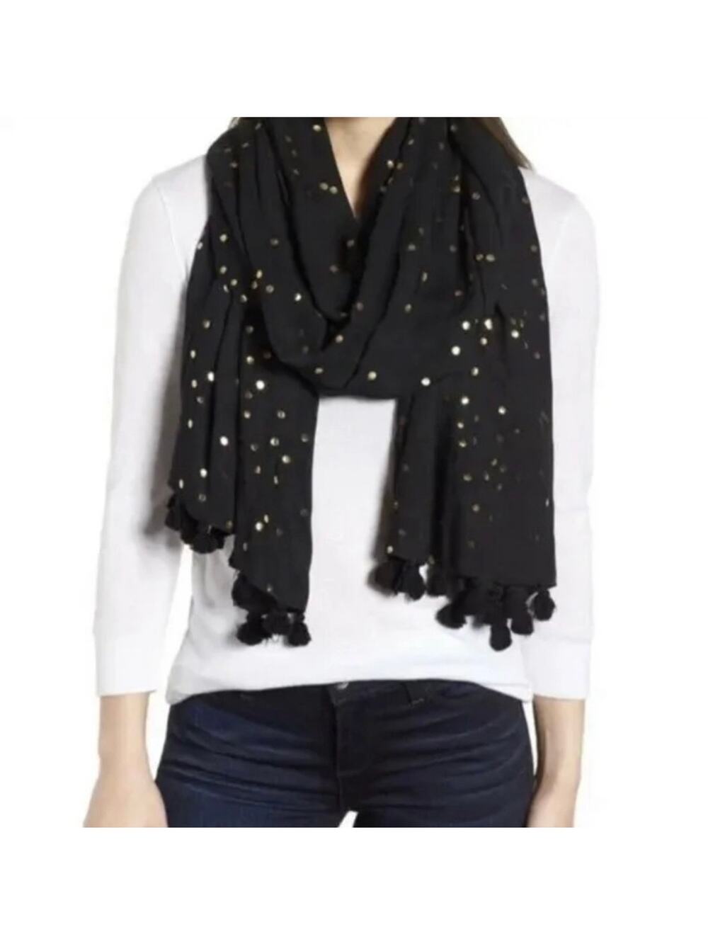 Kate Spade Scarf 74x24 Black Metallic Gold Confetti Polka Dot Pom Pom Shawl NYE